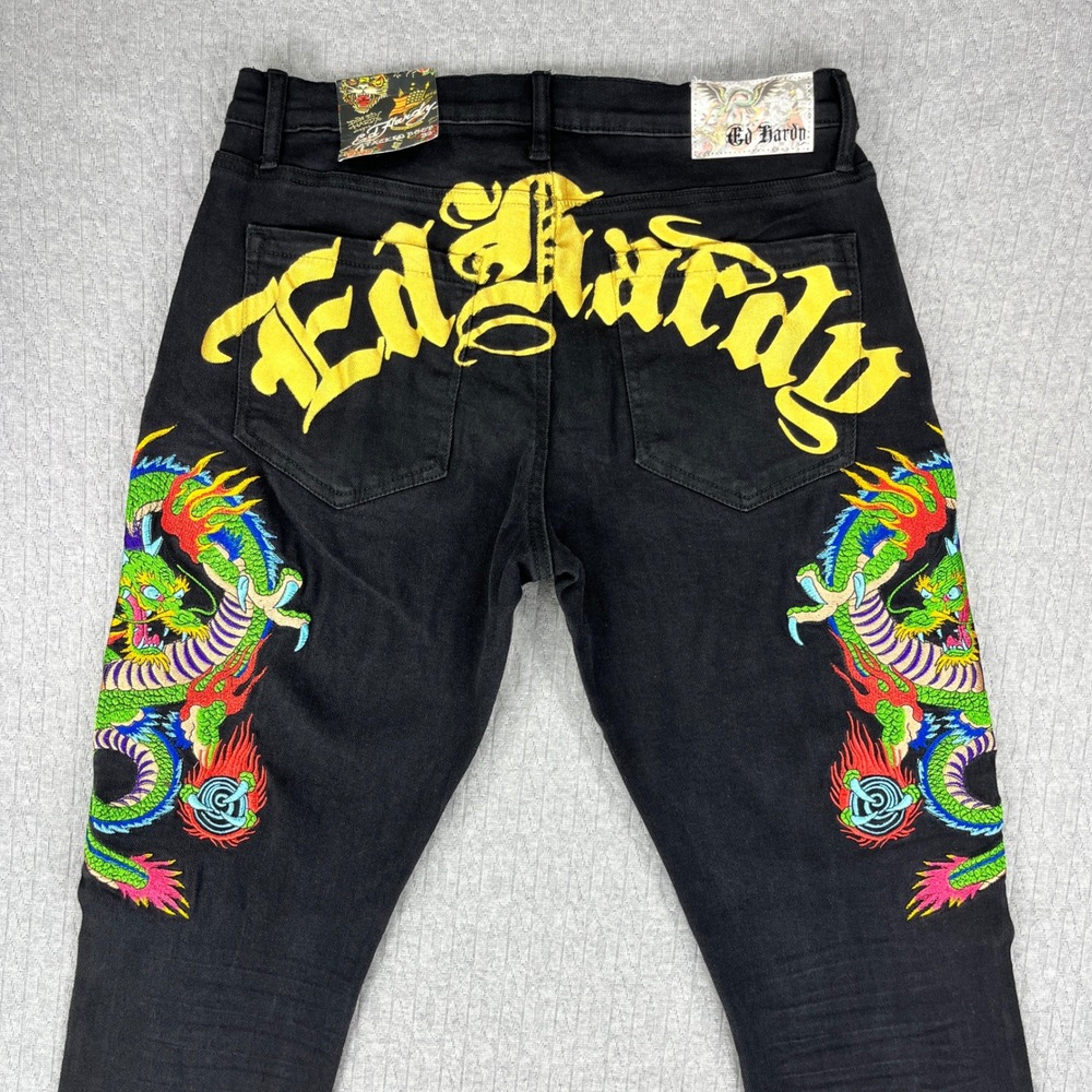New Ed Hardy Stacked Boot Cut Tattoo Jeans Men 32 Black Japan Dragon Embroidered